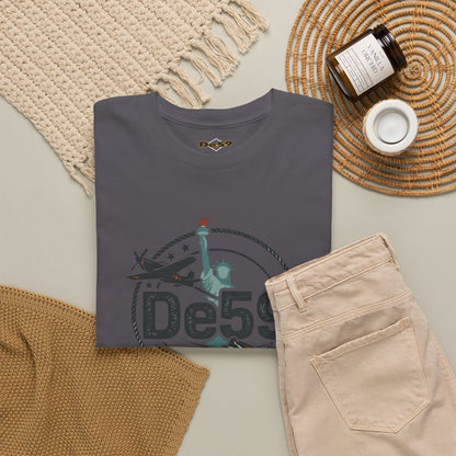 DE59 Aviation Graphic Tee – Statue of Liberty & Star Travel T-Shirt