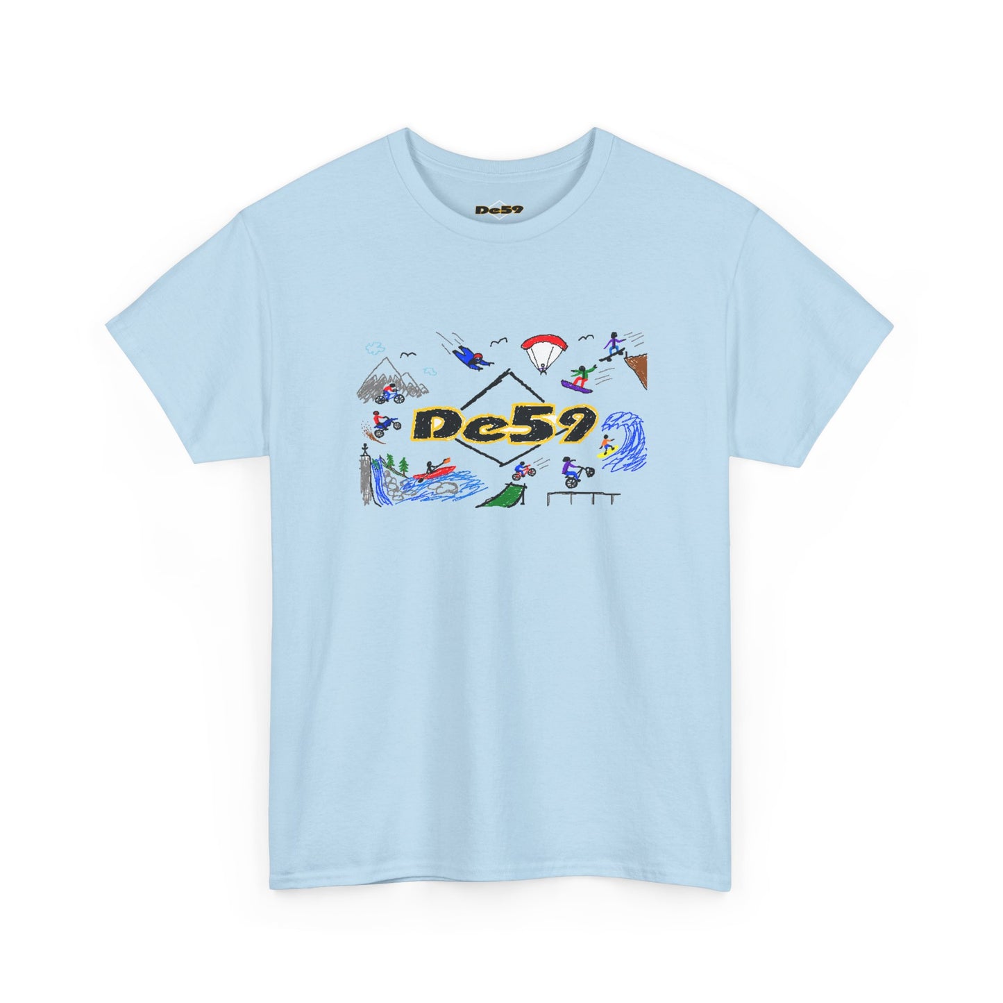 Des9 Graphic Tee — Colorful Surf & Skate Collage T-Shirt