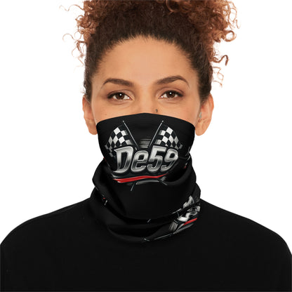 Racing Logo Neck Gaiter — De59 Checkered Flag Winter Face Mask with Drawstring