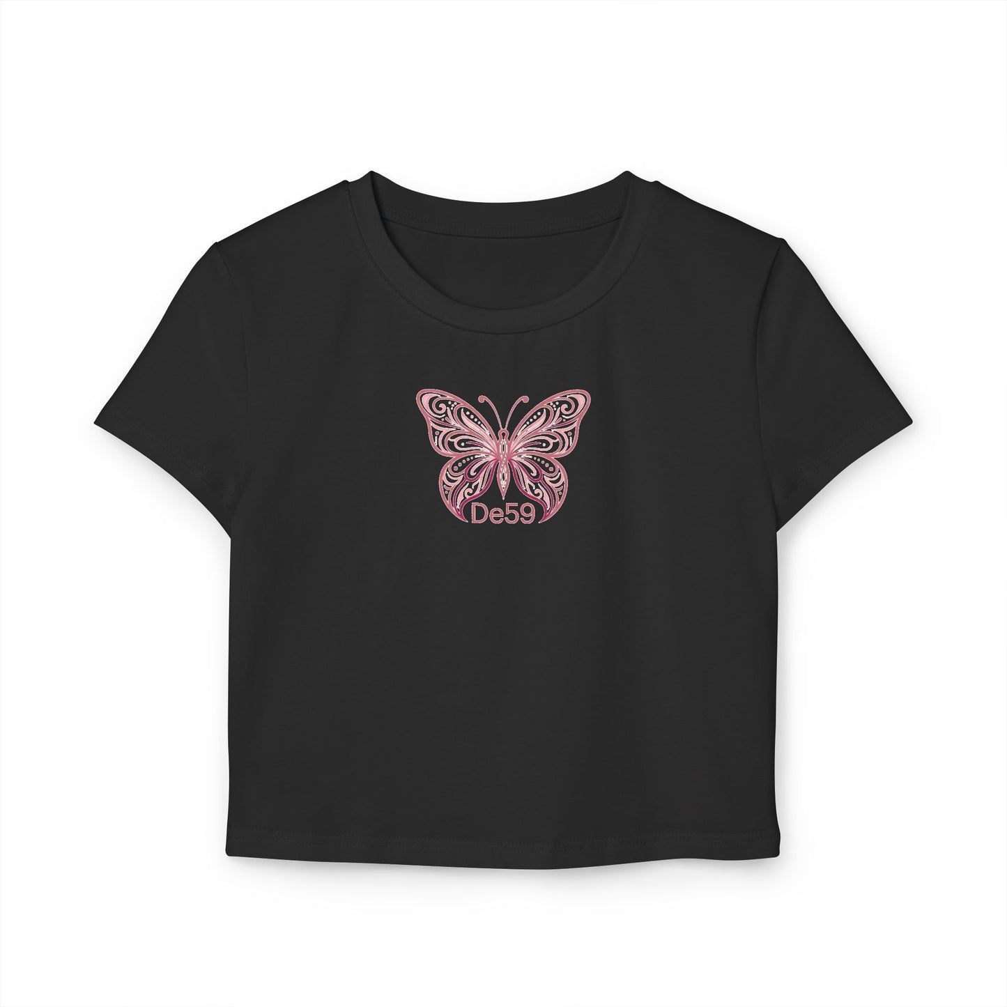 Pink Butterfly Baby Tee — Women's Cropped Graphic Tee