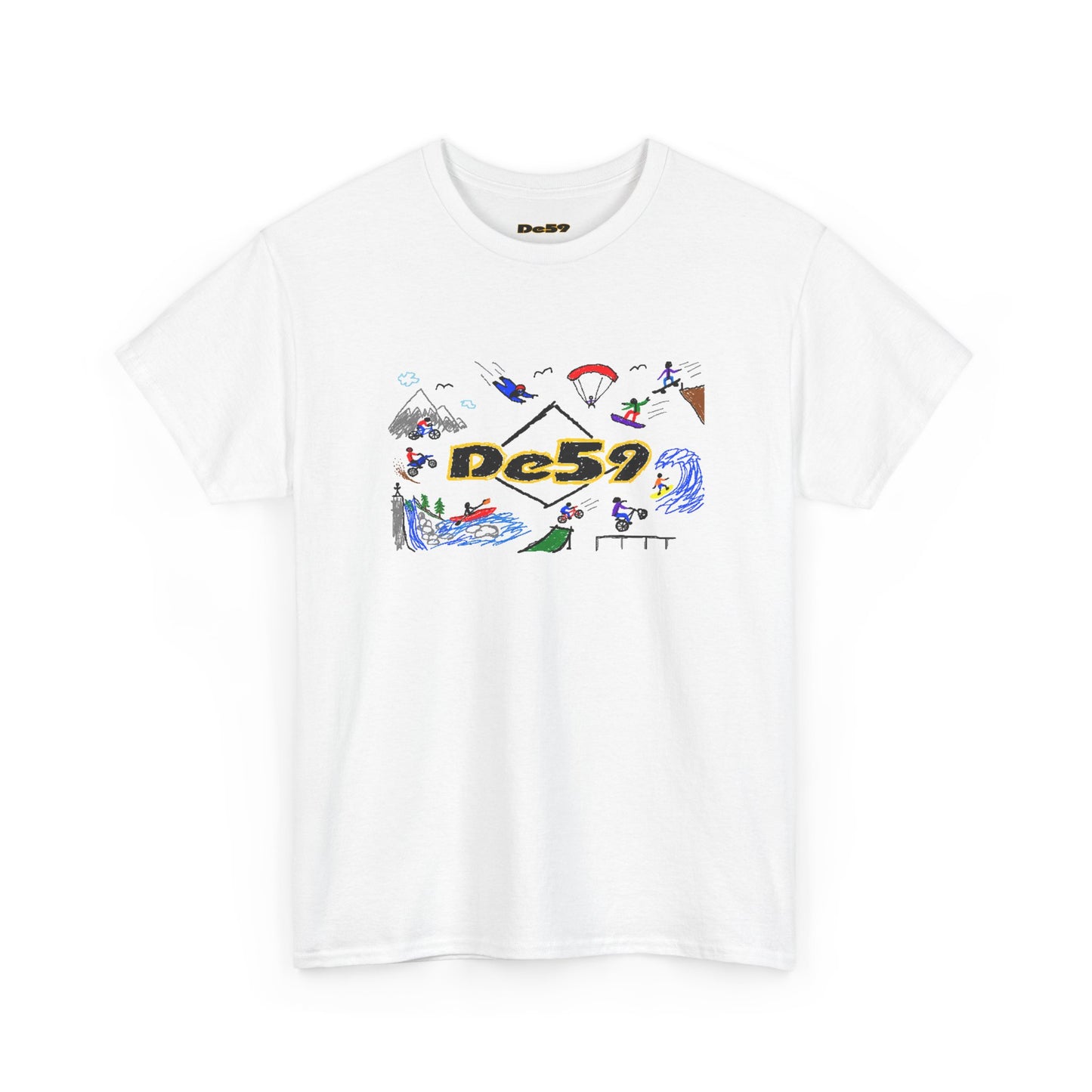 Des9 Graphic Tee — Colorful Surf & Skate Collage T-Shirt