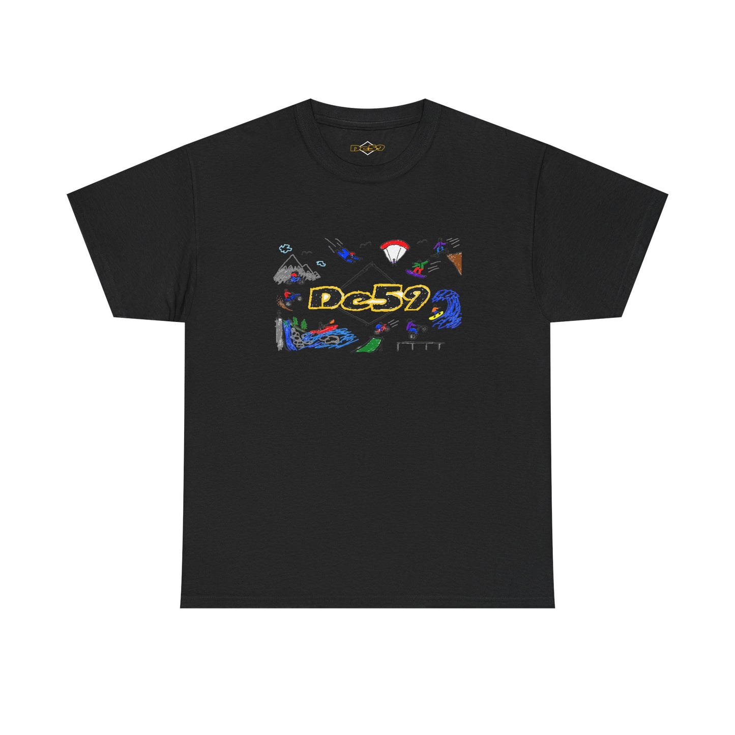 Des9 Graphic Tee — Colorful Surf & Skate Collage T-Shirt