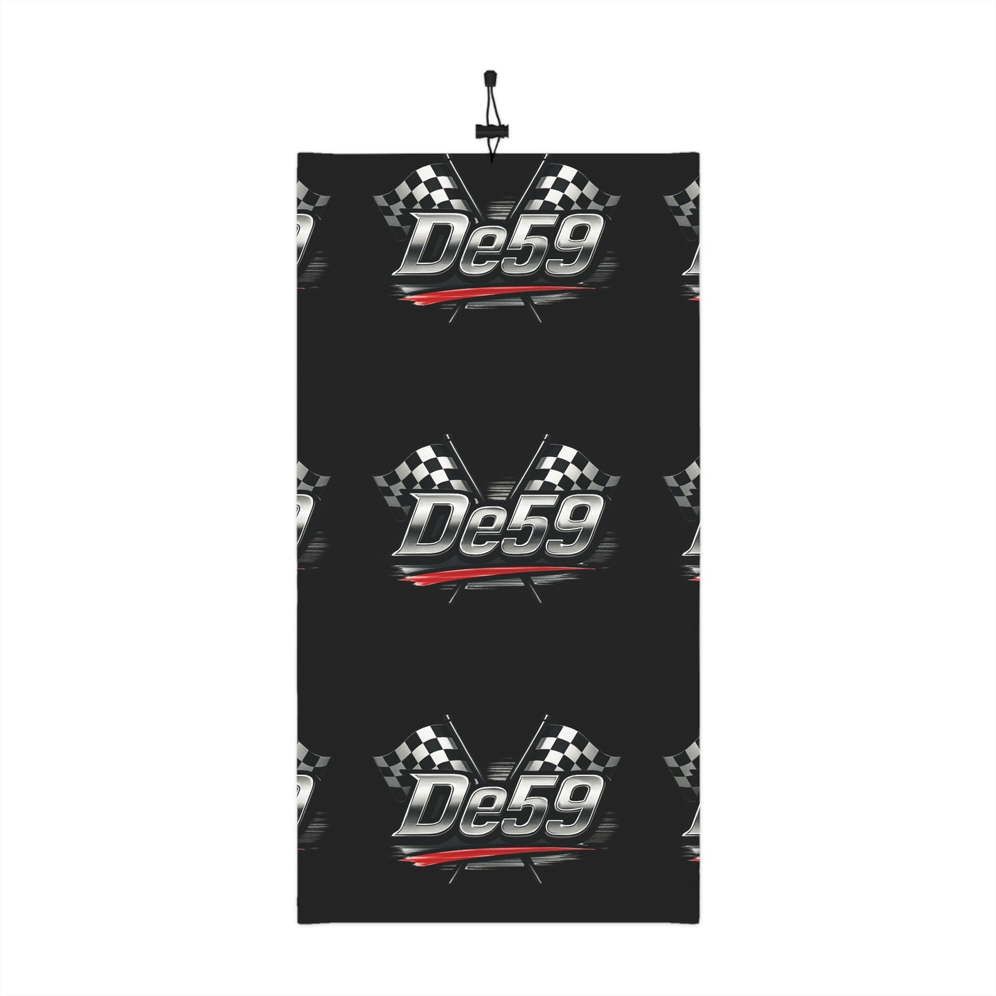 Racing Logo Neck Gaiter — De59 Checkered Flag Winter Face Mask with Drawstring