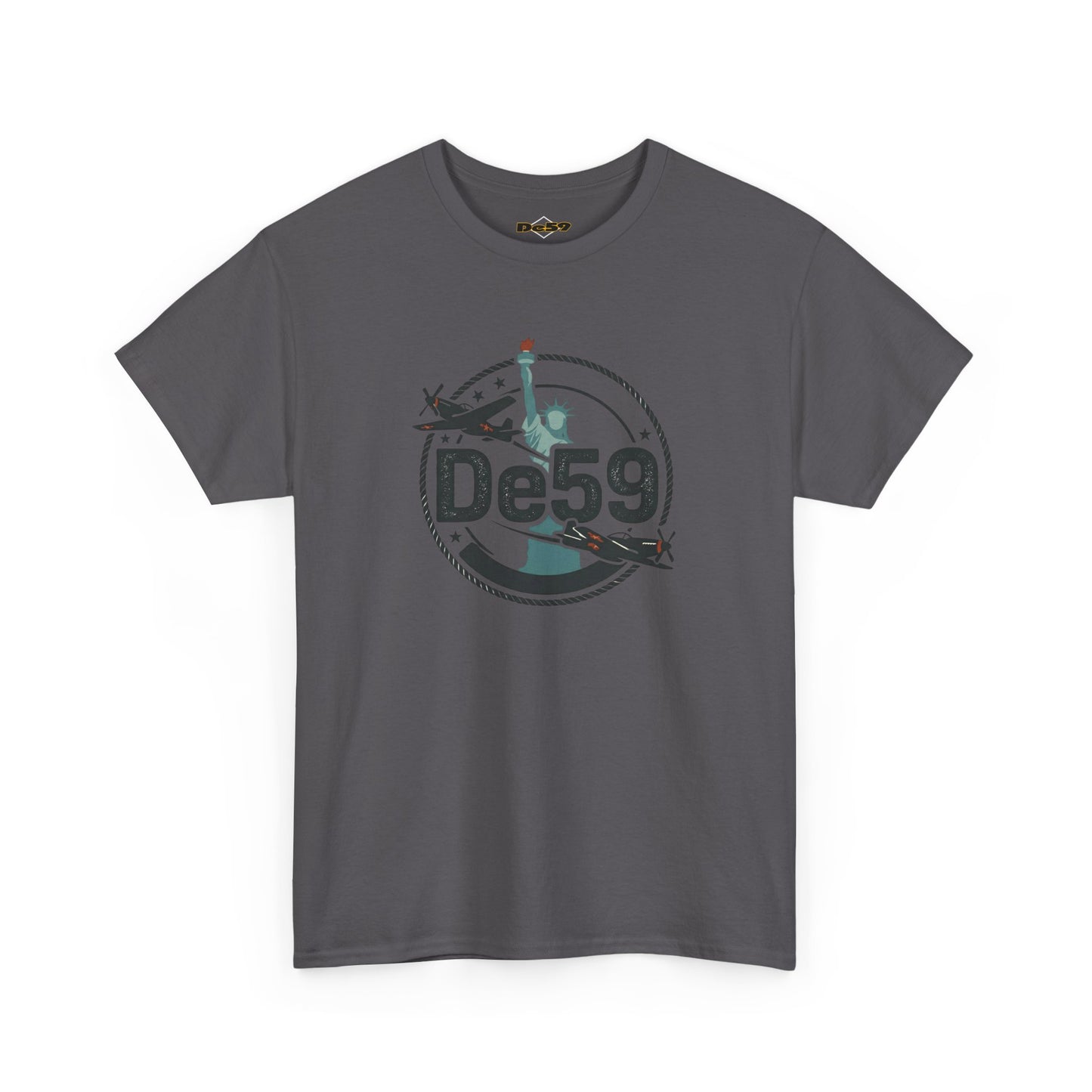 DE59 Aviation Graphic Tee – Statue of Liberty & Star Travel T-Shirt