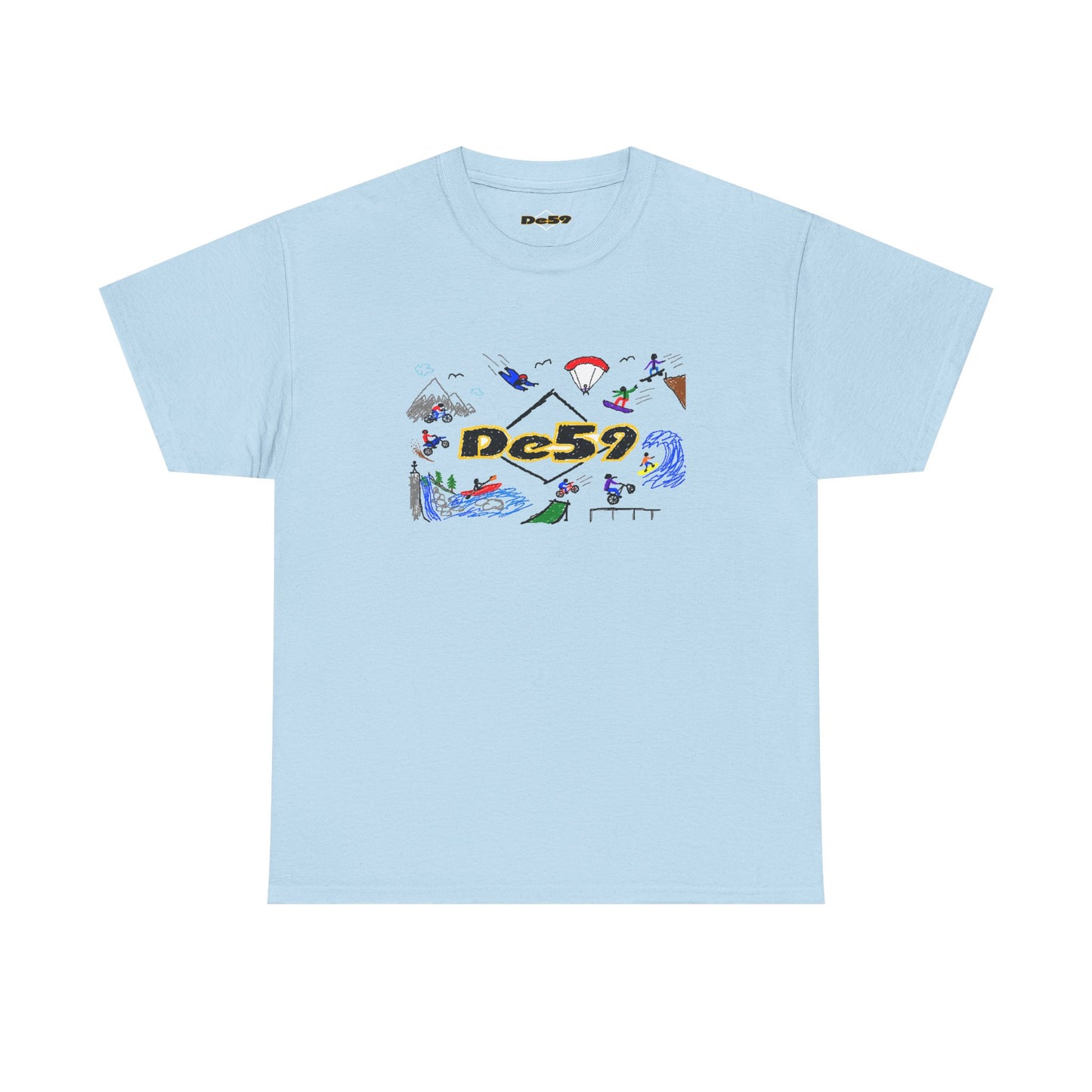 Des9 Graphic Tee — Colorful Surf & Skate Collage T-Shirt