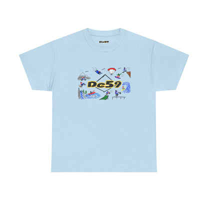 Des9 Graphic Tee — Colorful Surf & Skate Collage T-Shirt