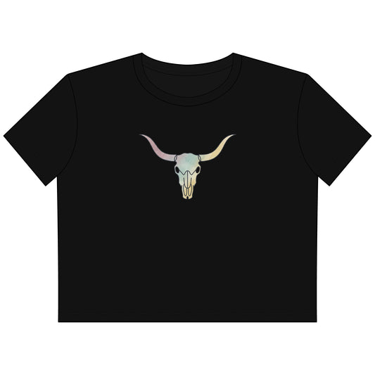 Cow Skull Cropped Tee — Pastel Western Graphic Women’s Crop Top