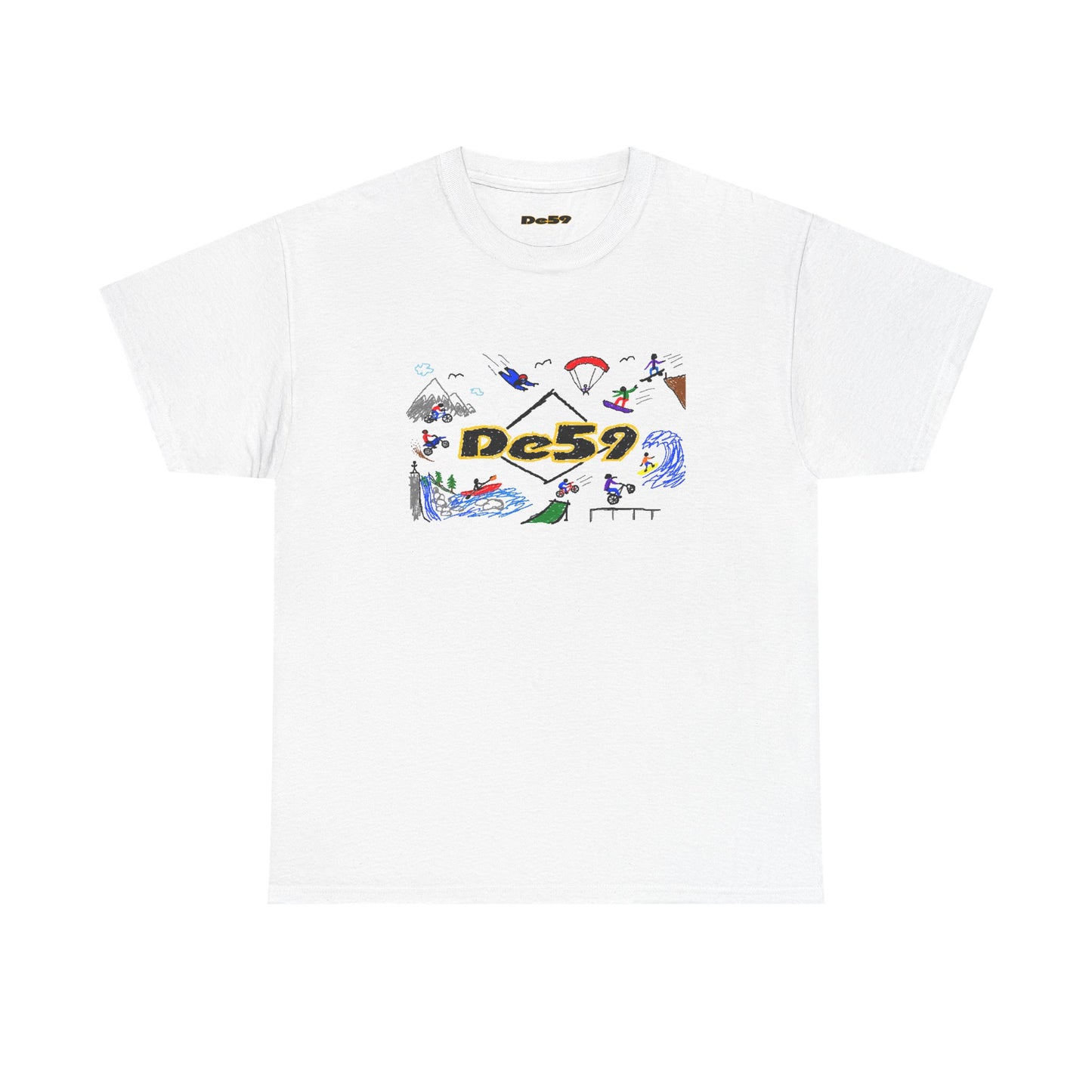 Des9 Graphic Tee — Colorful Surf & Skate Collage T-Shirt
