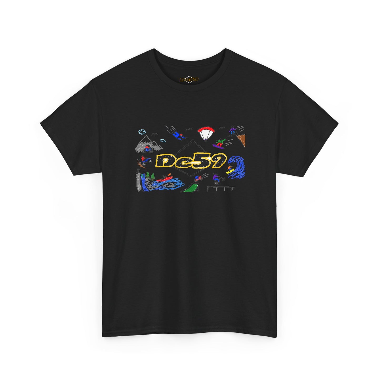 Des9 Graphic Tee — Colorful Surf & Skate Collage T-Shirt